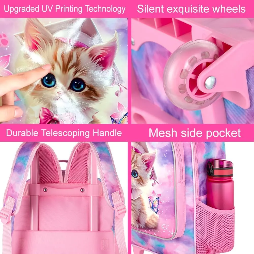 AGSDON 3PCS Rolling Backpack for Girls and Boys, Kids Roller Wheels Bookbag, Wheeled Elementary School Bag with Lunch Bag