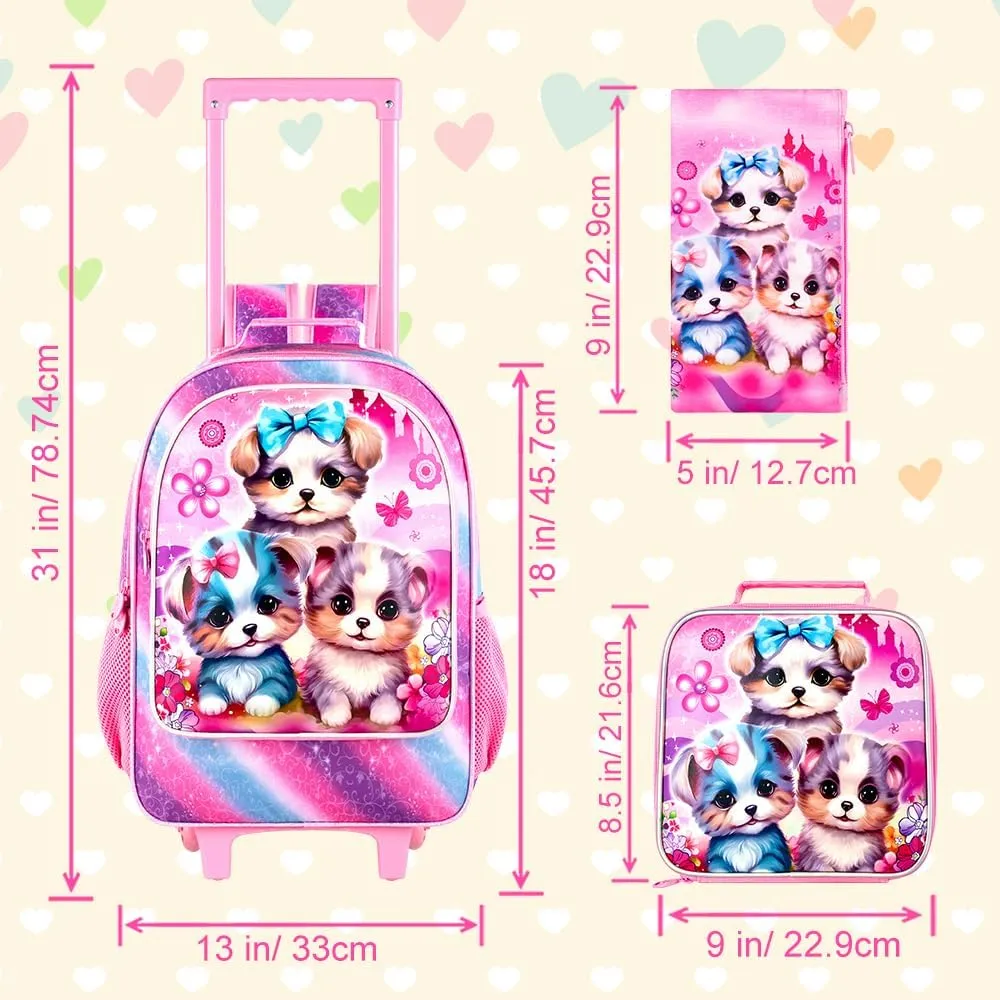 AGSDON 3PCS Rolling Backpack for Girls and Boys, Kids Roller Wheels Bookbag, Wheeled Elementary School Bag with Lunch Bag