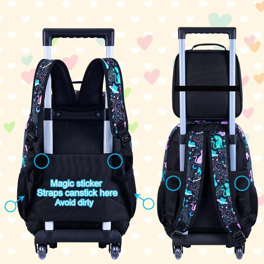 AGSDON 3PCS Rolling Backpack for Girls and Boys, Kids Roller Wheels Bookbag, Wheeled Elementary School Bag with Lunch Bag