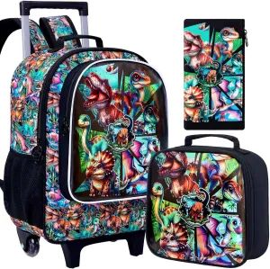 AGSDON 3PCS Rolling Backpack for Girls and Boys, Kids Roller Wheels Bookbag, Wheeled Elementary School Bag with Lunch Bag
