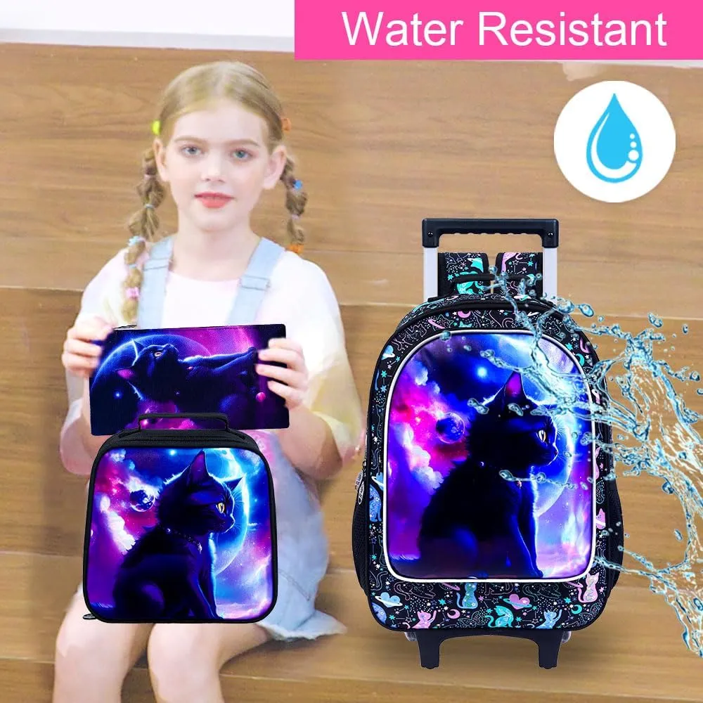 AGSDON 3PCS Rolling Backpack for Girls and Boys, Kids Roller Wheels Bookbag, Wheeled Elementary School Bag with Lunch Bag