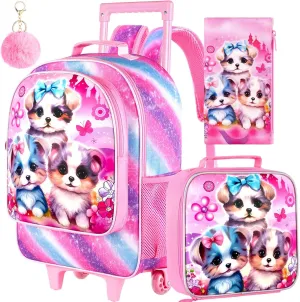 AGSDON 3PCS Rolling Backpack for Girls and Boys, Kids Roller Wheels Bookbag, Wheeled Elementary School Bag with Lunch Bag