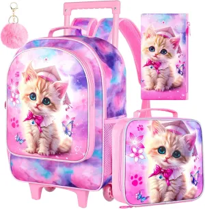 AGSDON 3PCS Rolling Backpack for Girls and Boys, Kids Roller Wheels Bookbag, Wheeled Elementary School Bag with Lunch Bag