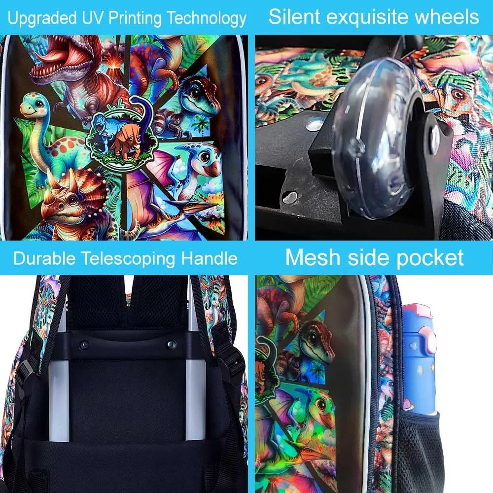 AGSDON 3PCS Rolling Backpack for Girls and Boys, Kids Roller Wheels Bookbag, Wheeled Elementary School Bag with Lunch Bag