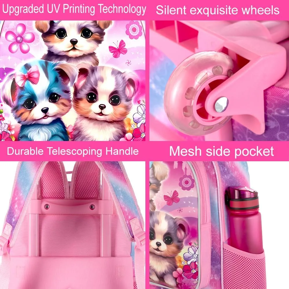 AGSDON 3PCS Rolling Backpack for Girls and Boys, Kids Roller Wheels Bookbag, Wheeled Elementary School Bag with Lunch Bag