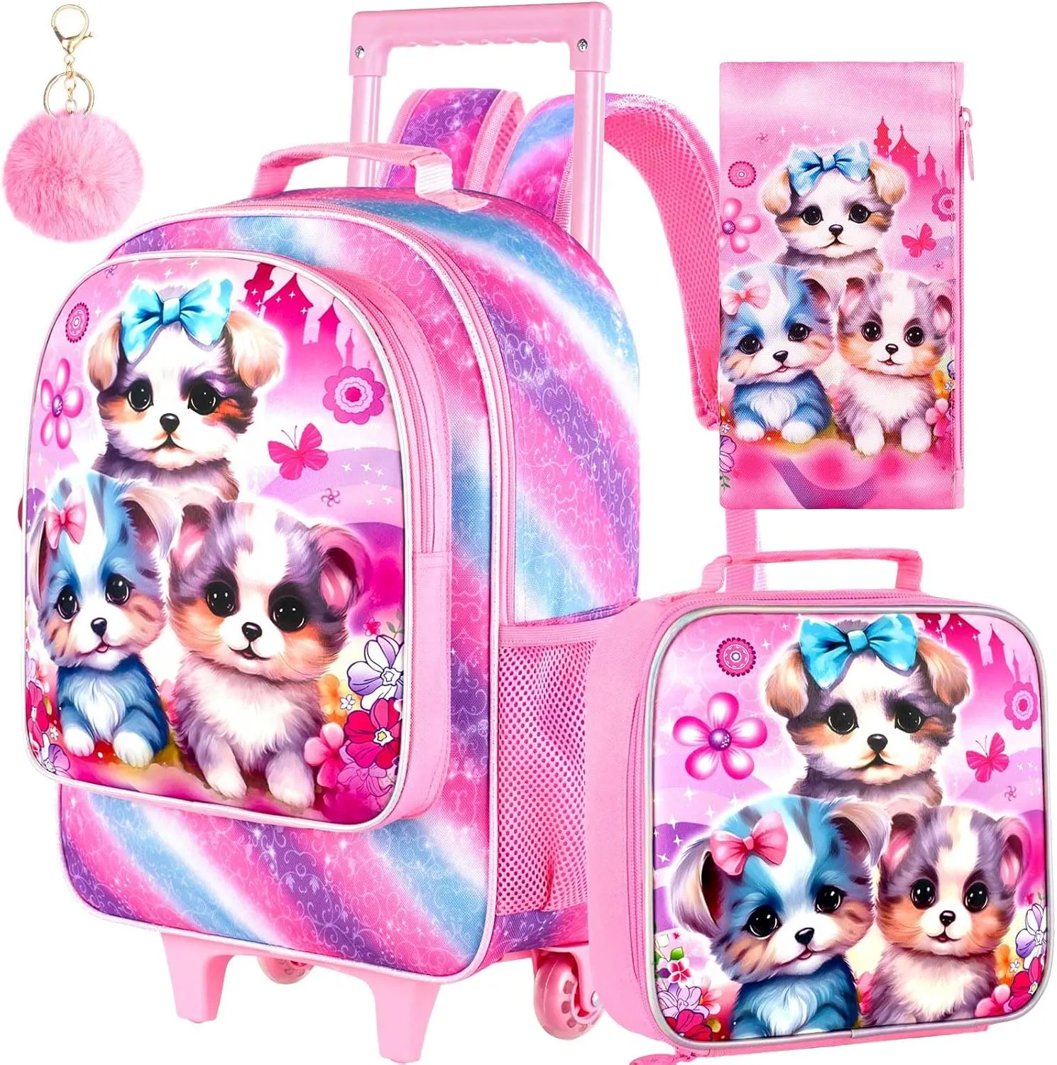 AGSDON 3PCS Rolling Backpack for Girls and Boys, Kids Roller Wheels Bookbag, Wheeled Elementary School Bag with Lunch Bag