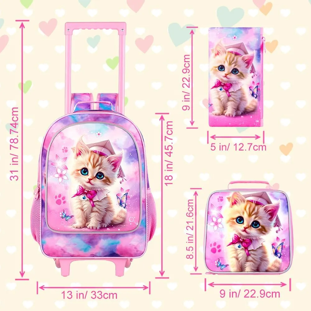 AGSDON 3PCS Rolling Backpack for Girls and Boys, Kids Roller Wheels Bookbag, Wheeled Elementary School Bag with Lunch Bag