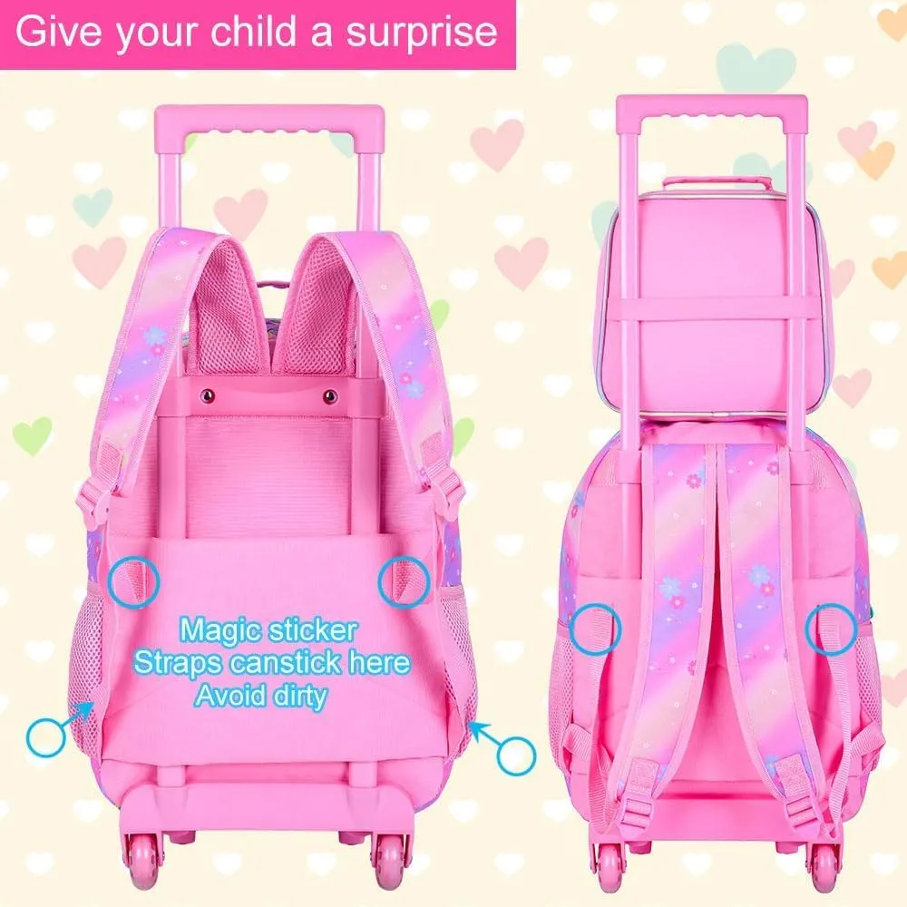 AGSDON 3PCS Rolling Backpack for Girls and Boys, Kids Roller Wheels Bookbag, Wheeled Elementary School Bag with Lunch Bag
