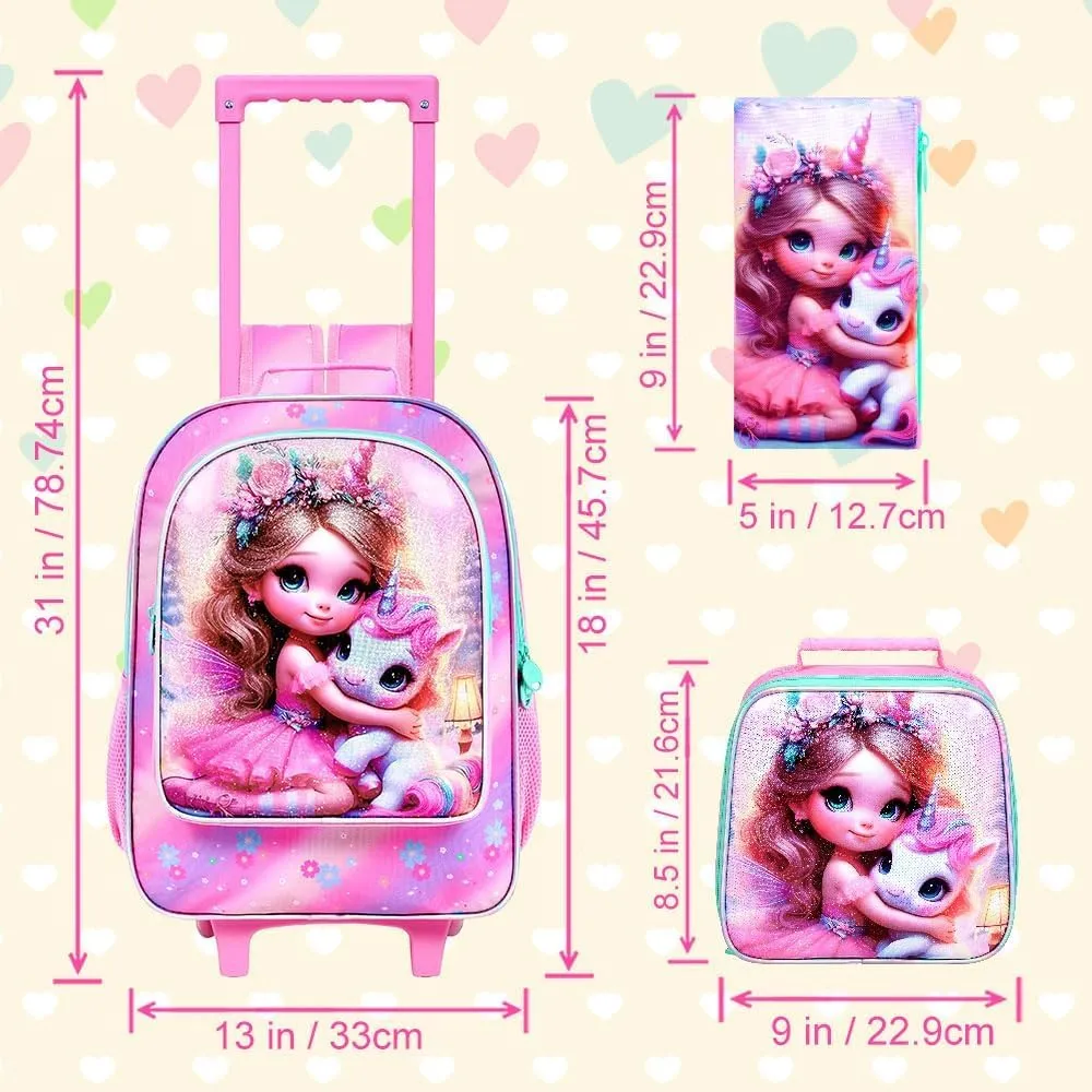 AGSDON 3PCS Rolling Backpack for Girls and Boys, Kids Roller Wheels Bookbag, Wheeled Elementary School Bag with Lunch Bag