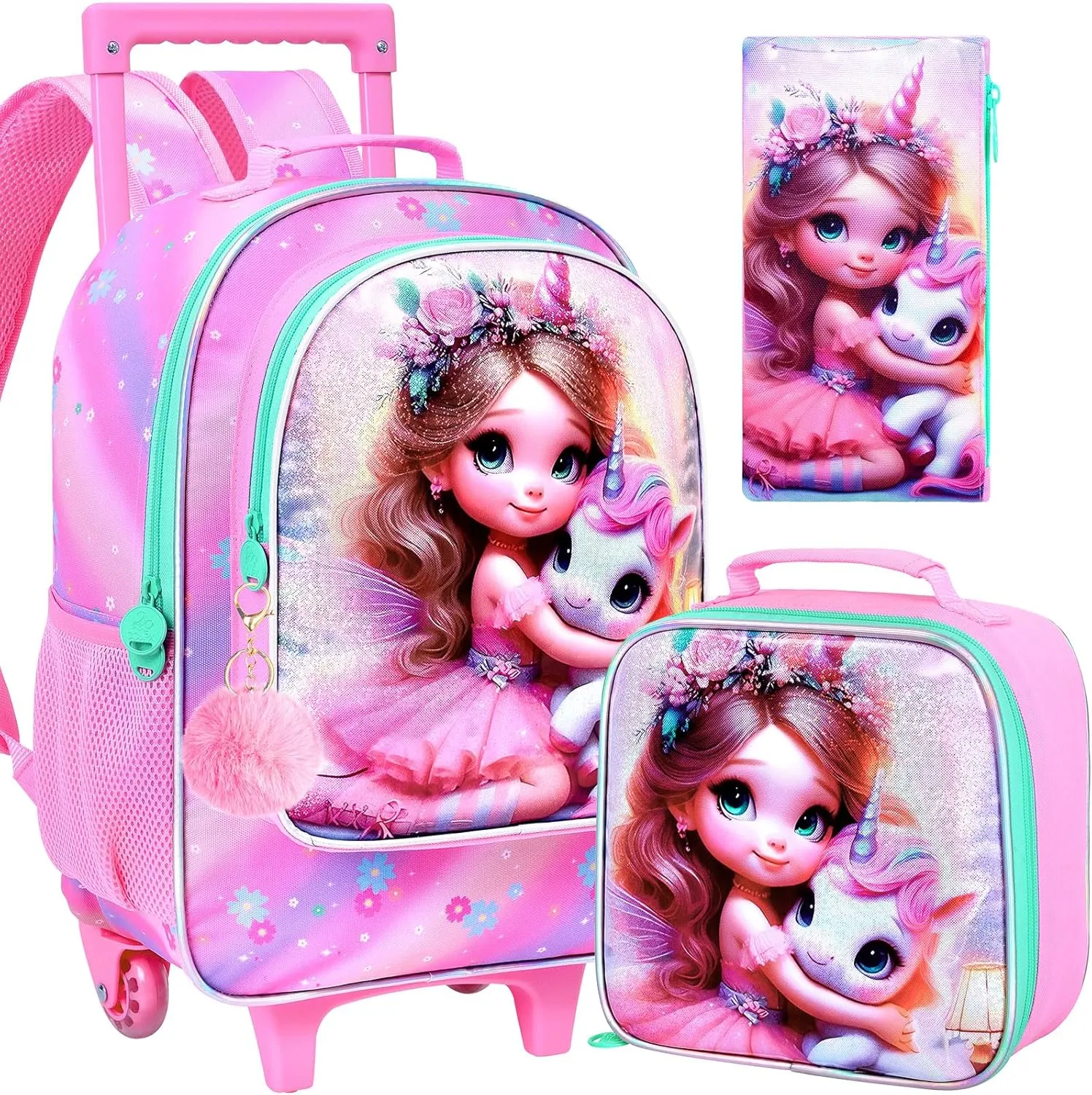 AGSDON 3PCS Rolling Backpack for Girls and Boys, Kids Roller Wheels Bookbag, Wheeled Elementary School Bag with Lunch Bag