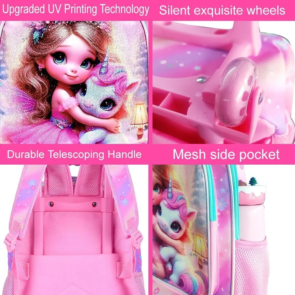AGSDON 3PCS Rolling Backpack for Girls and Boys, Kids Roller Wheels Bookbag, Wheeled Elementary School Bag with Lunch Bag