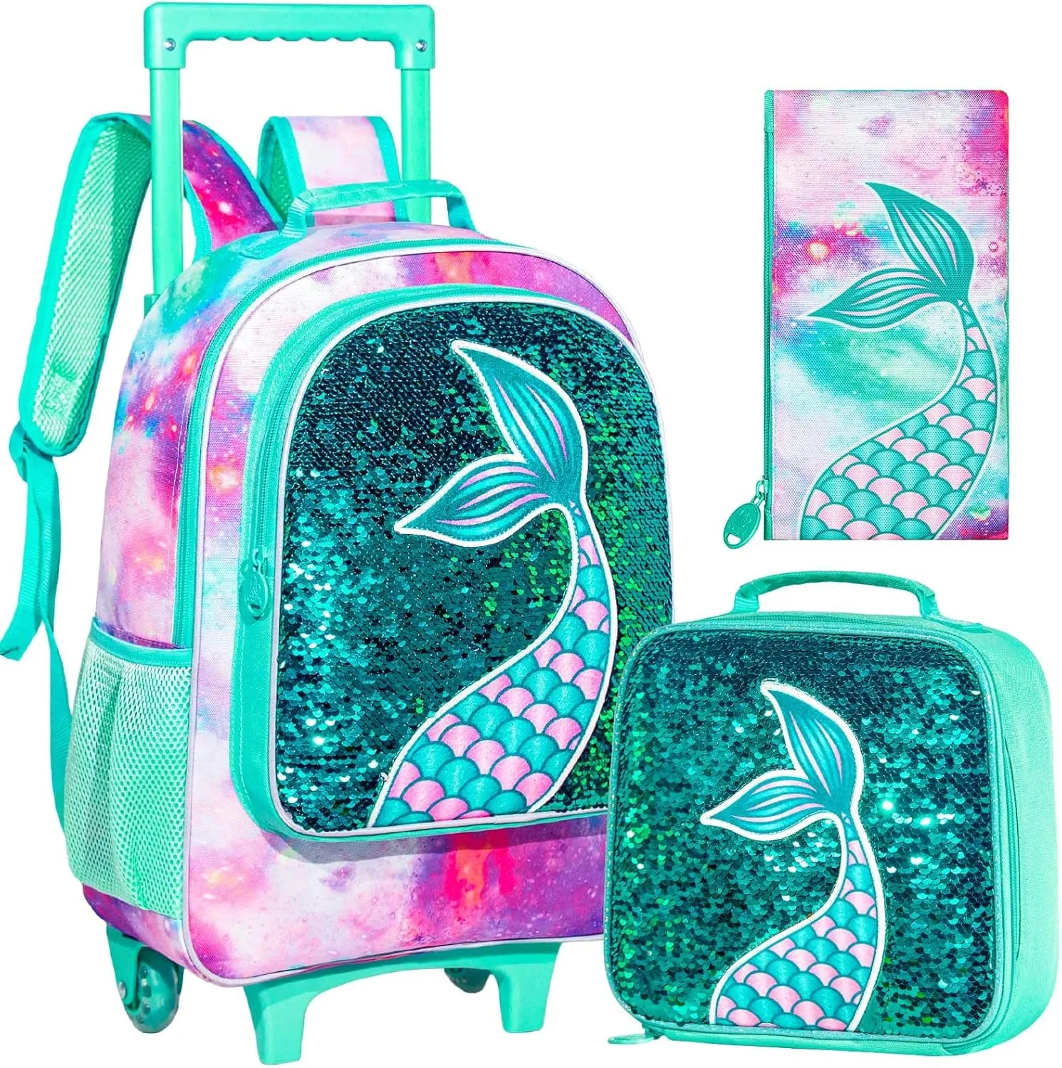 AGSDON 3PCS Rolling Backpack for Girls Boys, Kids Roller Wheels Bookbag, Wheeled School Bag with Lunch Bag