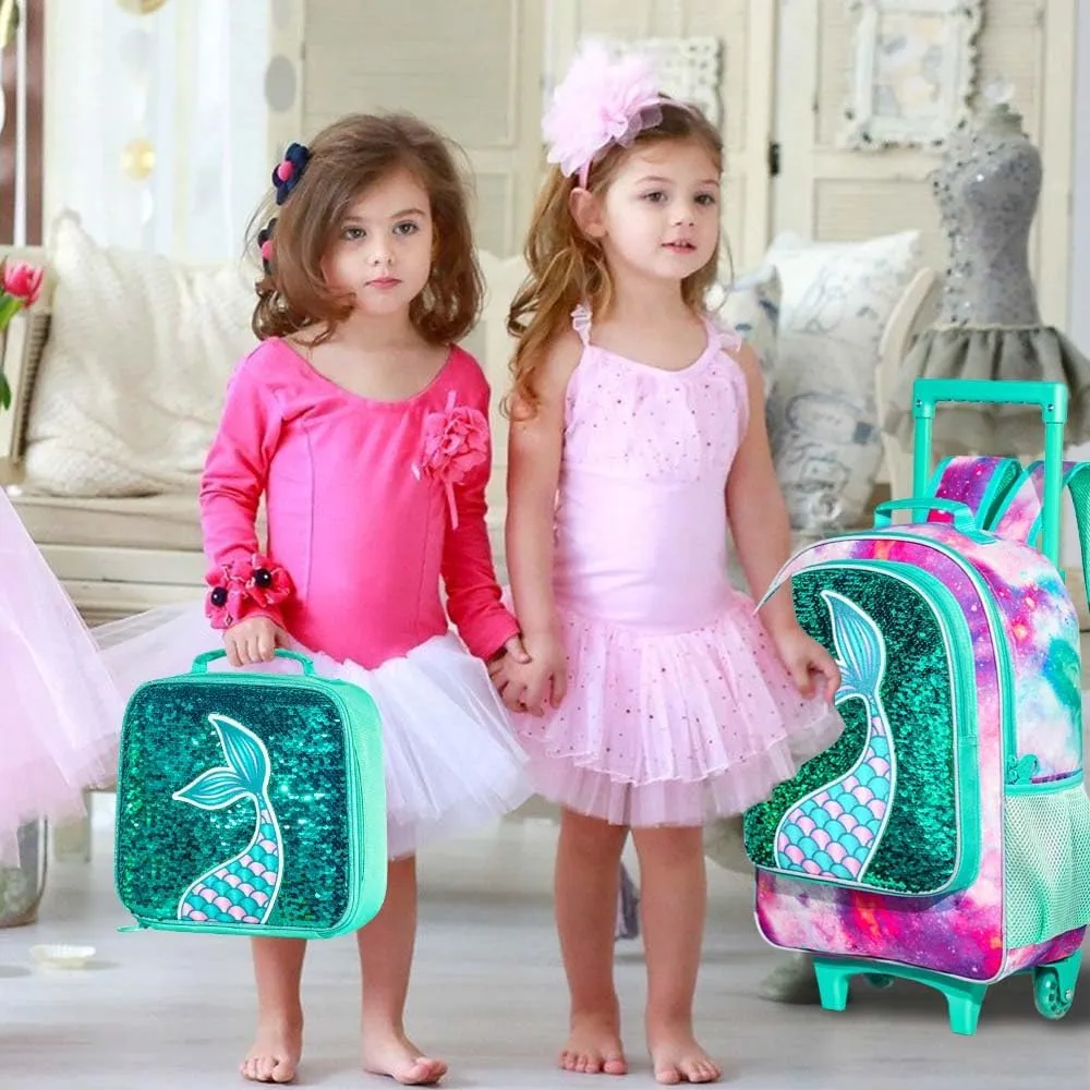 AGSDON 3PCS Rolling Backpack for Girls Boys, Kids Roller Wheels Bookbag, Wheeled School Bag with Lunch Bag