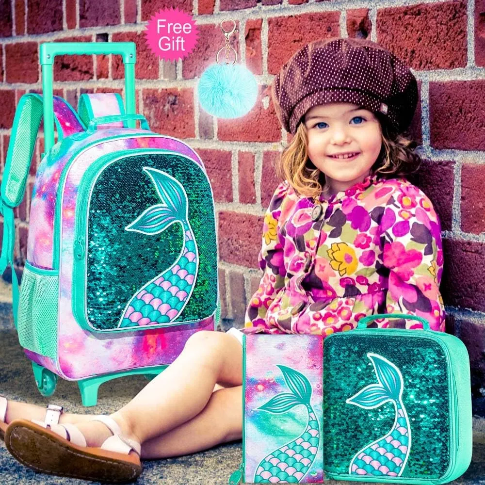 AGSDON 3PCS Rolling Backpack for Girls Boys, Kids Roller Wheels Bookbag, Wheeled School Bag with Lunch Bag