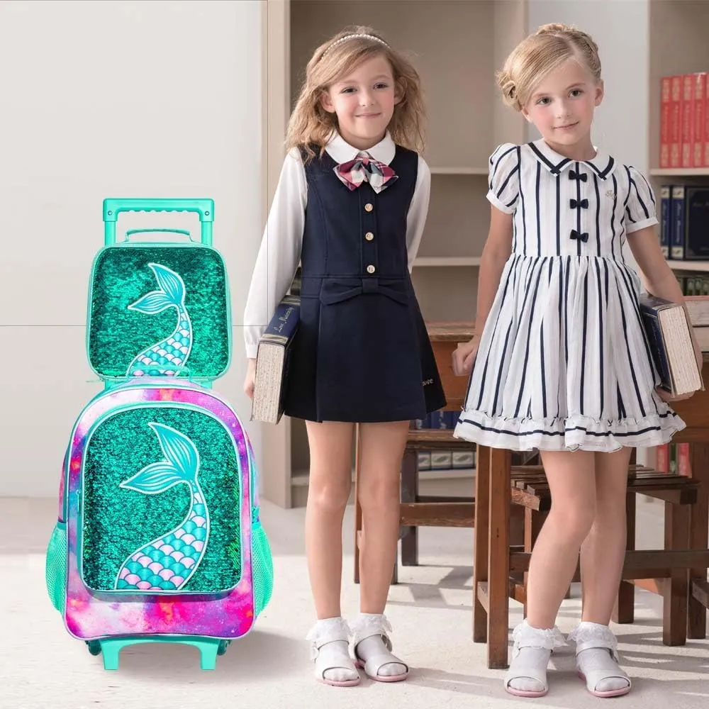 AGSDON 3PCS Rolling Backpack for Girls Boys, Kids Roller Wheels Bookbag, Wheeled School Bag with Lunch Bag