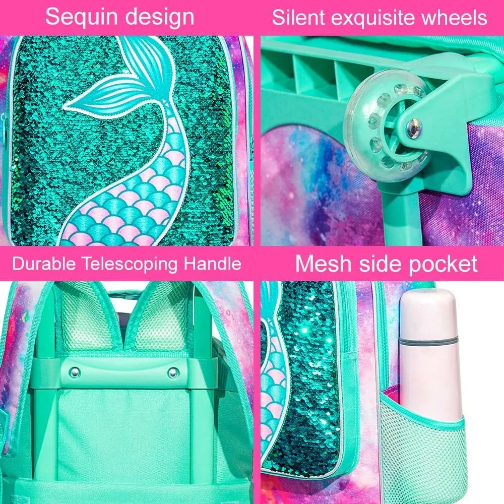 AGSDON 3PCS Rolling Backpack for Girls Boys, Kids Roller Wheels Bookbag, Wheeled School Bag with Lunch Bag
