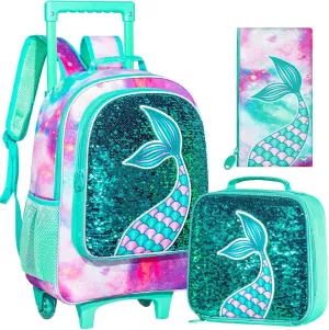AGSDON 3PCS Rolling Backpack for Girls Boys, Kids Roller Wheels Bookbag, Wheeled School Bag with Lunch Bag