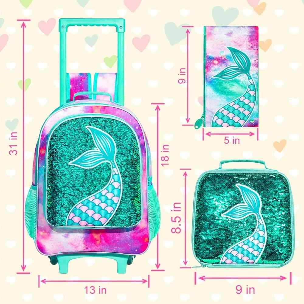 AGSDON 3PCS Rolling Backpack for Girls Boys, Kids Roller Wheels Bookbag, Wheeled School Bag with Lunch Bag