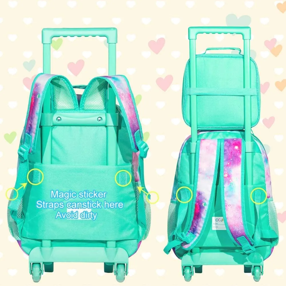 AGSDON 3PCS Rolling Backpack for Girls Boys, Kids Roller Wheels Bookbag, Wheeled School Bag with Lunch Bag