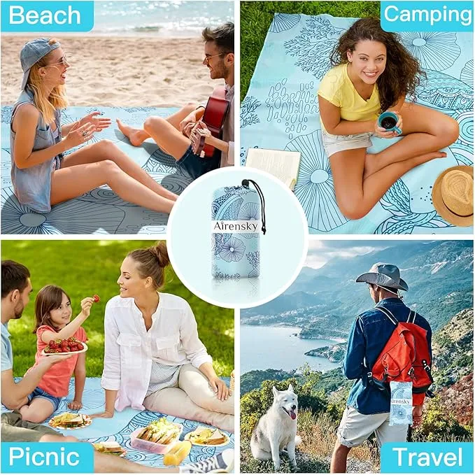 Airensky Beach Blanket, Sandproof Beach Mat 79" X 82" for 4-7 Adults, Large Waterproof Beach Blanket Quick Drying Lightweight Beach Blanket with 4 Stakes for Travel Camping Hiking(Blue Whale)