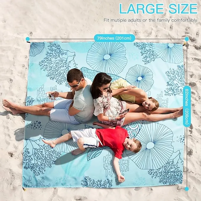 Airensky Beach Blanket, Sandproof Beach Mat 79" X 82" for 4-7 Adults, Large Waterproof Beach Blanket Quick Drying Lightweight Beach Blanket with 4 Stakes for Travel Camping Hiking(Blue Whale)