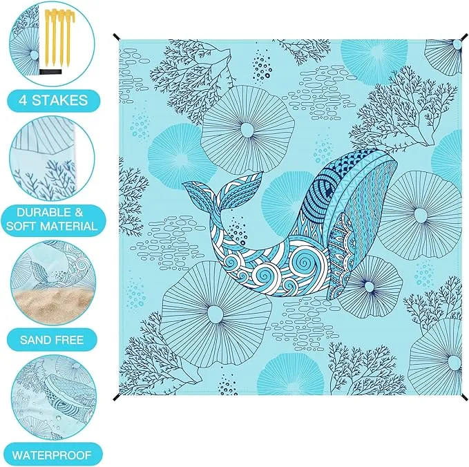 Airensky Beach Blanket, Sandproof Beach Mat 79" X 82" for 4-7 Adults, Large Waterproof Beach Blanket Quick Drying Lightweight Beach Blanket with 4 Stakes for Travel Camping Hiking(Blue Whale)