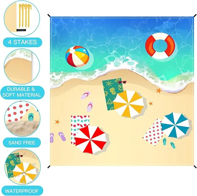 Airensky Beach Blanket, Sandproof Beach Mat 79" X 82" for 4-7 Adults, Large Waterproof Beach Blanket Quick Drying Lightweight Beach Blanket with 4 Stakes for Travel Camping Hiking(Sand Beach)