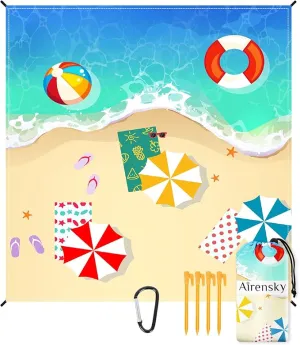 Airensky Beach Blanket, Sandproof Beach Mat 79" X 82" for 4-7 Adults, Large Waterproof Beach Blanket Quick Drying Lightweight Beach Blanket with 4 Stakes for Travel Camping Hiking(Sand Beach)