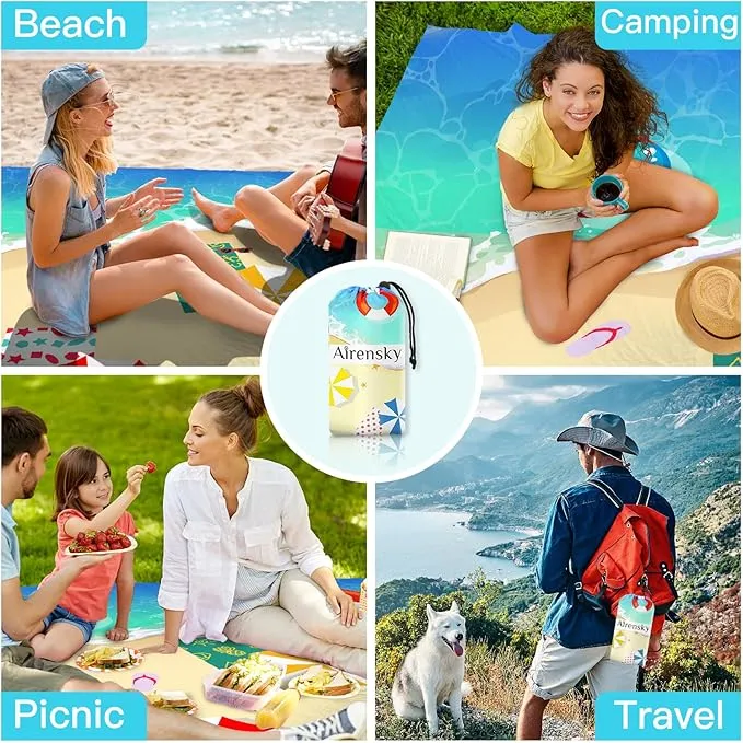 Airensky Beach Blanket, Sandproof Beach Mat 79" X 82" for 4-7 Adults, Large Waterproof Beach Blanket Quick Drying Lightweight Beach Blanket with 4 Stakes for Travel Camping Hiking(Sand Beach)