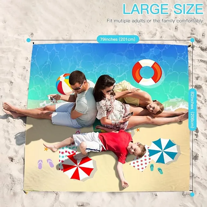 Airensky Beach Blanket, Sandproof Beach Mat 79" X 82" for 4-7 Adults, Large Waterproof Beach Blanket Quick Drying Lightweight Beach Blanket with 4 Stakes for Travel Camping Hiking(Sand Beach)