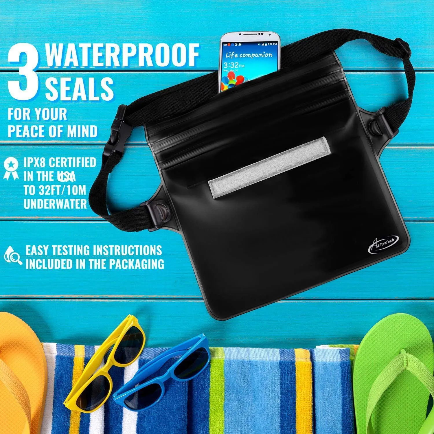 AiRunTech Waterproof Fanny Pack,Waterproof Phone Pouch for iPhone 15 14 13 12 11 Pro Max,IPX8 Waterproof Dry Bag for Snorkeling Beach Cruise Kayaking Pool Swimming(Phone Case   Waist Bag 2-Piece Set)