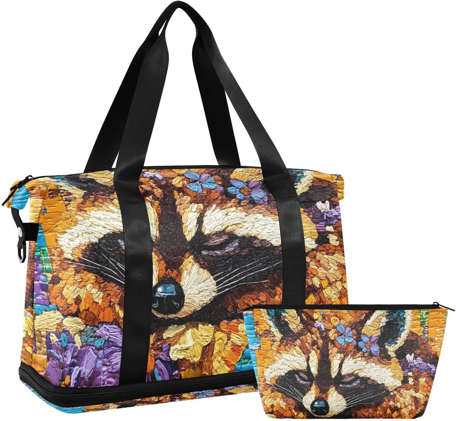 AIXIWAWA Art Raccoon Duffel Bags Set with Shoes Compartment Trolley Sleeve Removeable Strap for Workout Travel Gym