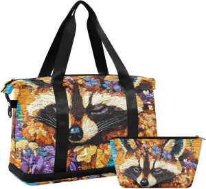 AIXIWAWA Art Raccoon Duffel Bags Set with Shoes Compartment Trolley Sleeve Removeable Strap for Workout Travel Gym