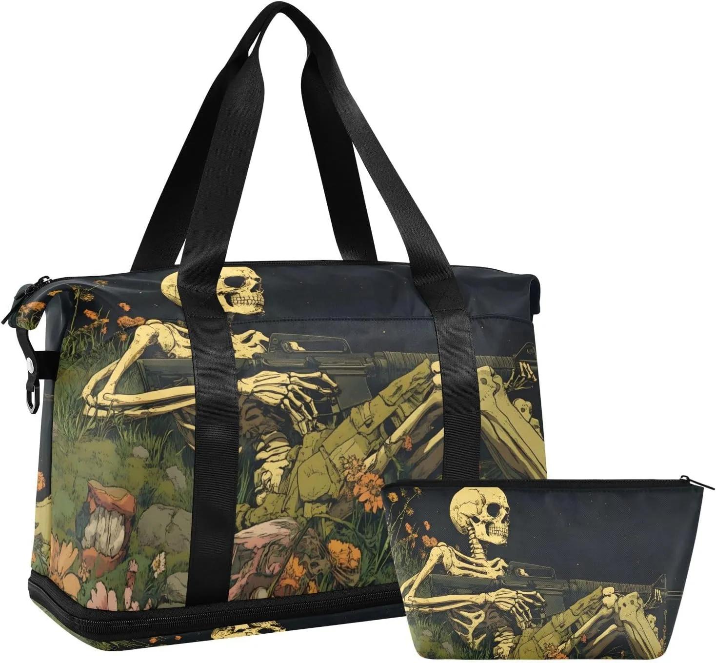 AIXIWAWA Comic Skull Soldier Duffel Bags Set with Shoes Compartment Trolley Sleeve Removeable Strap for Workout Travel Gym