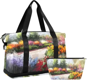 AIXIWAWA Vivid Garden Duffel Bags Set with Shoes Compartment Trolley Sleeve Removeable Strap for Workout Travel Gym