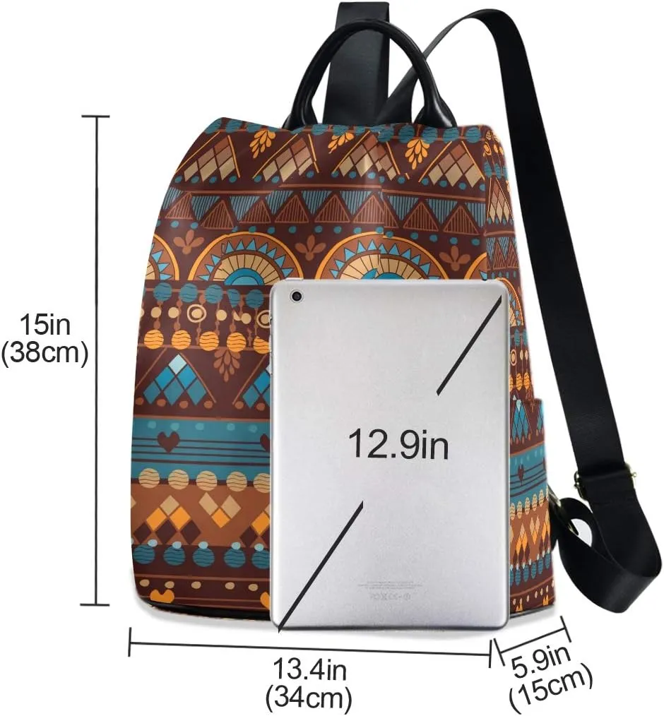 ALAZA African Print Geometric Pattern Ethnic Brown Backpack Purse for Women Anti Theft Fashion Back Pack Shoulder Bag