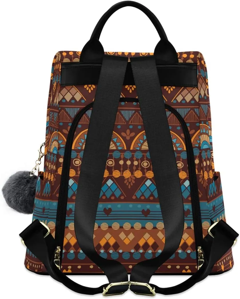 ALAZA African Print Geometric Pattern Ethnic Brown Backpack Purse for Women Anti Theft Fashion Back Pack Shoulder Bag