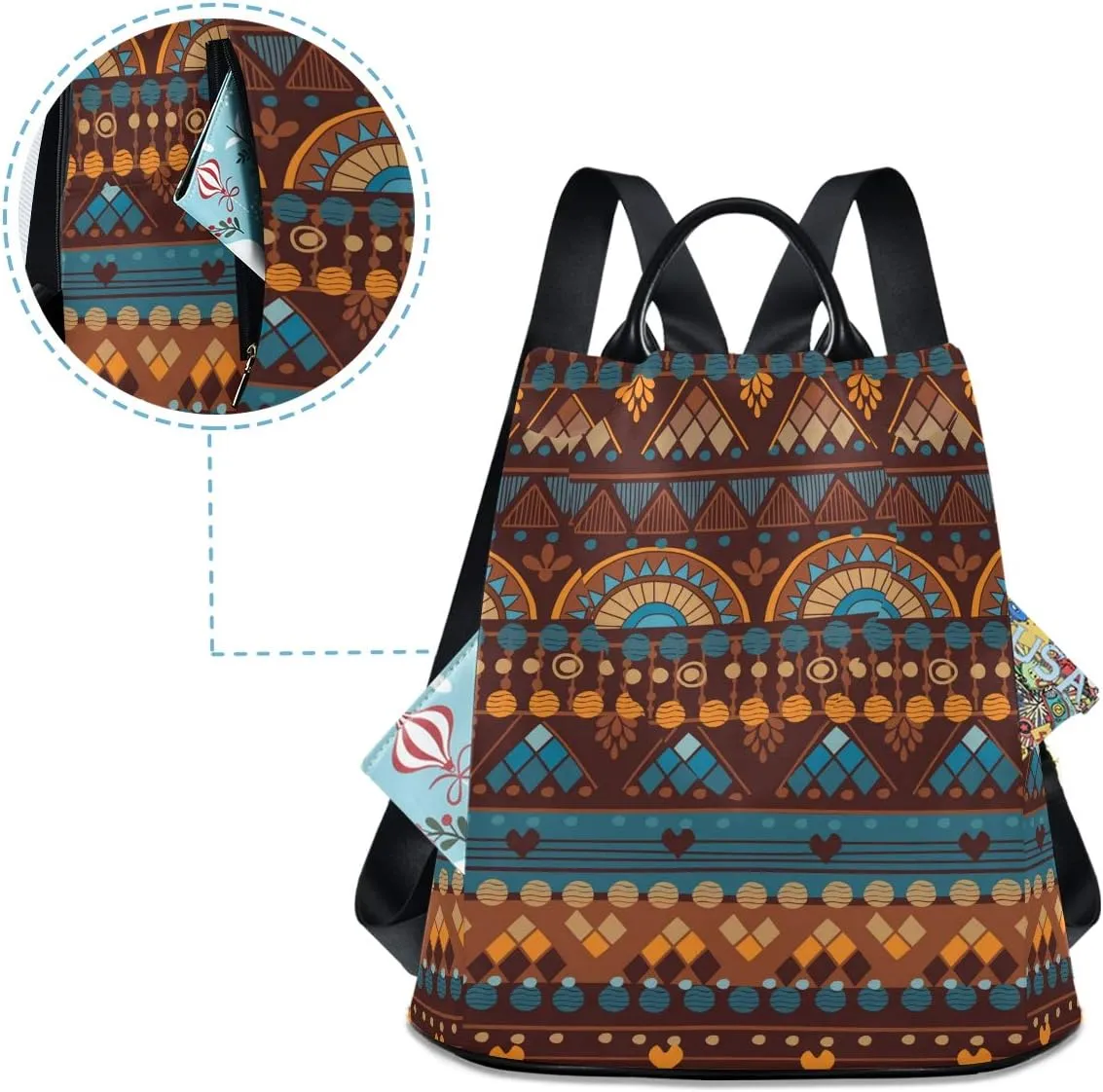 ALAZA African Print Geometric Pattern Ethnic Brown Backpack Purse for Women Anti Theft Fashion Back Pack Shoulder Bag