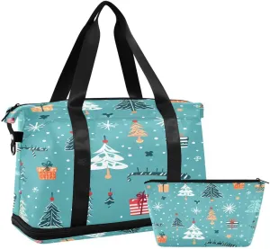 ALAZA Blue Pine Tree Snow Merry Christmas Travel Duffel Bag with Shoe Compartment Tote Bag Weekender Overnight Bag with Wet Pocket for Travel,Gym,Yoga,Swimming