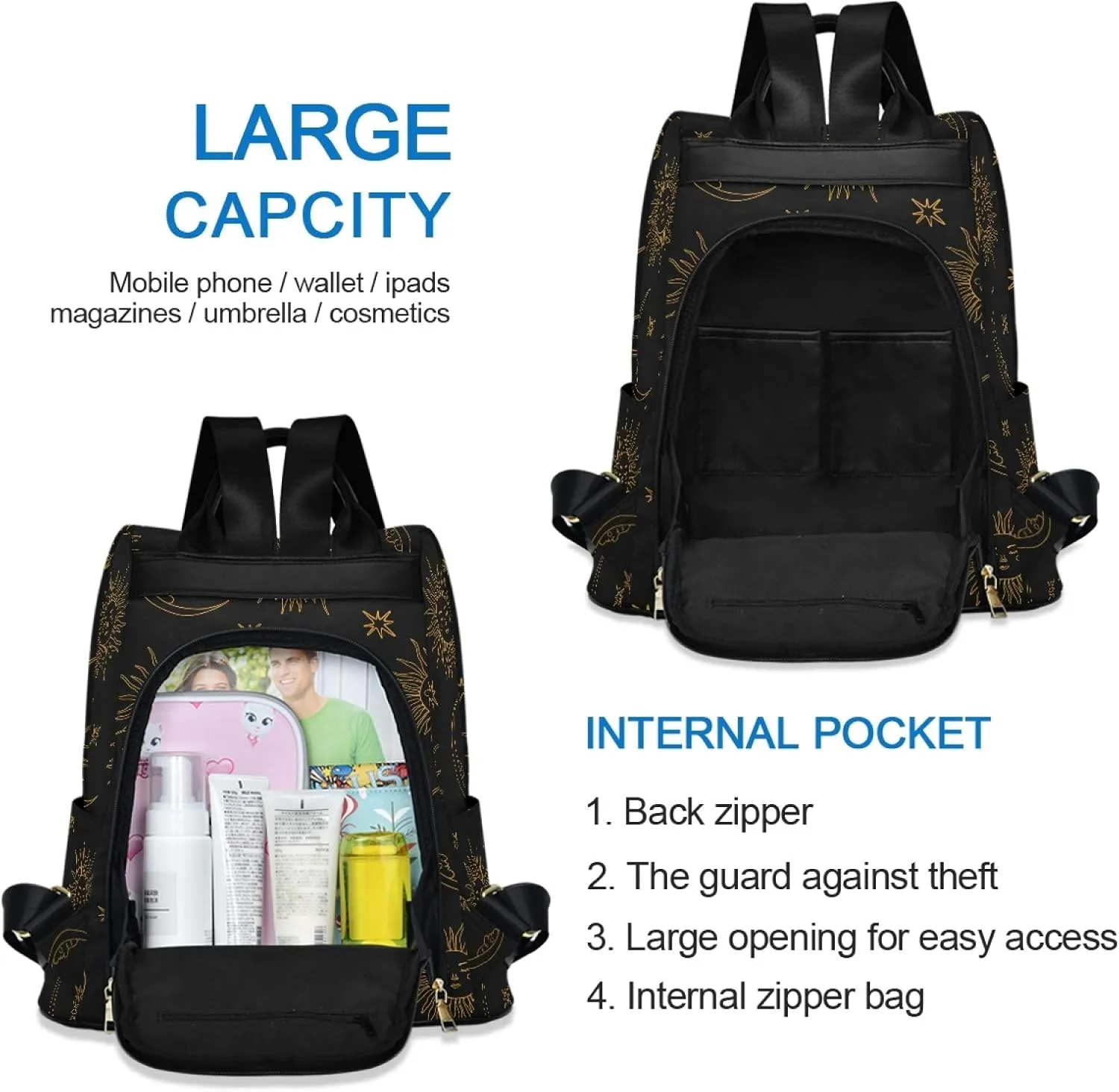 ALAZA Boho Bohemian Sun Moon Backpack Purse for Women Anti Theft Fashion Back Pack Shoulder Bag