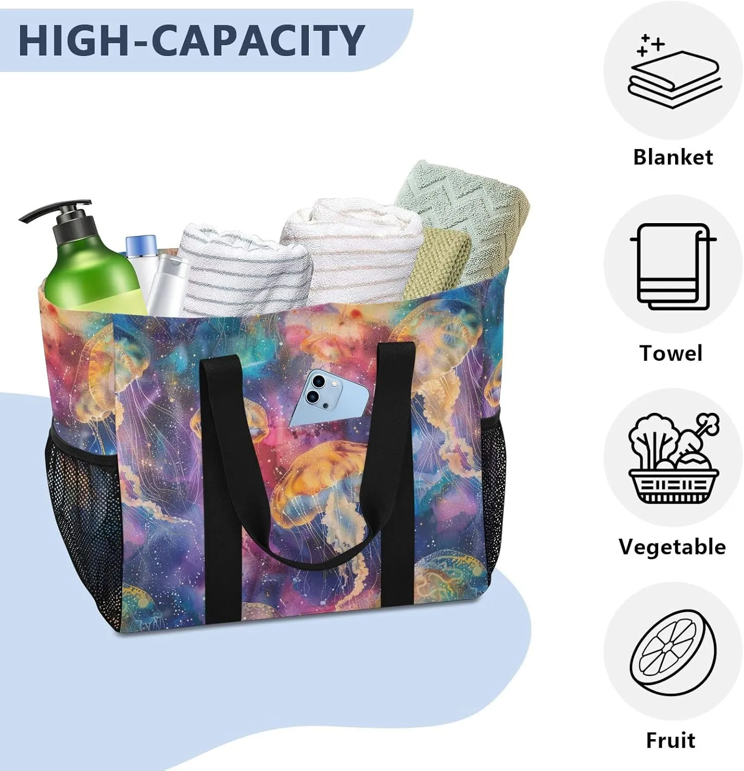 ALAZA Colorful Jellyfish Watercolor Waterproof Beach Tote Bags