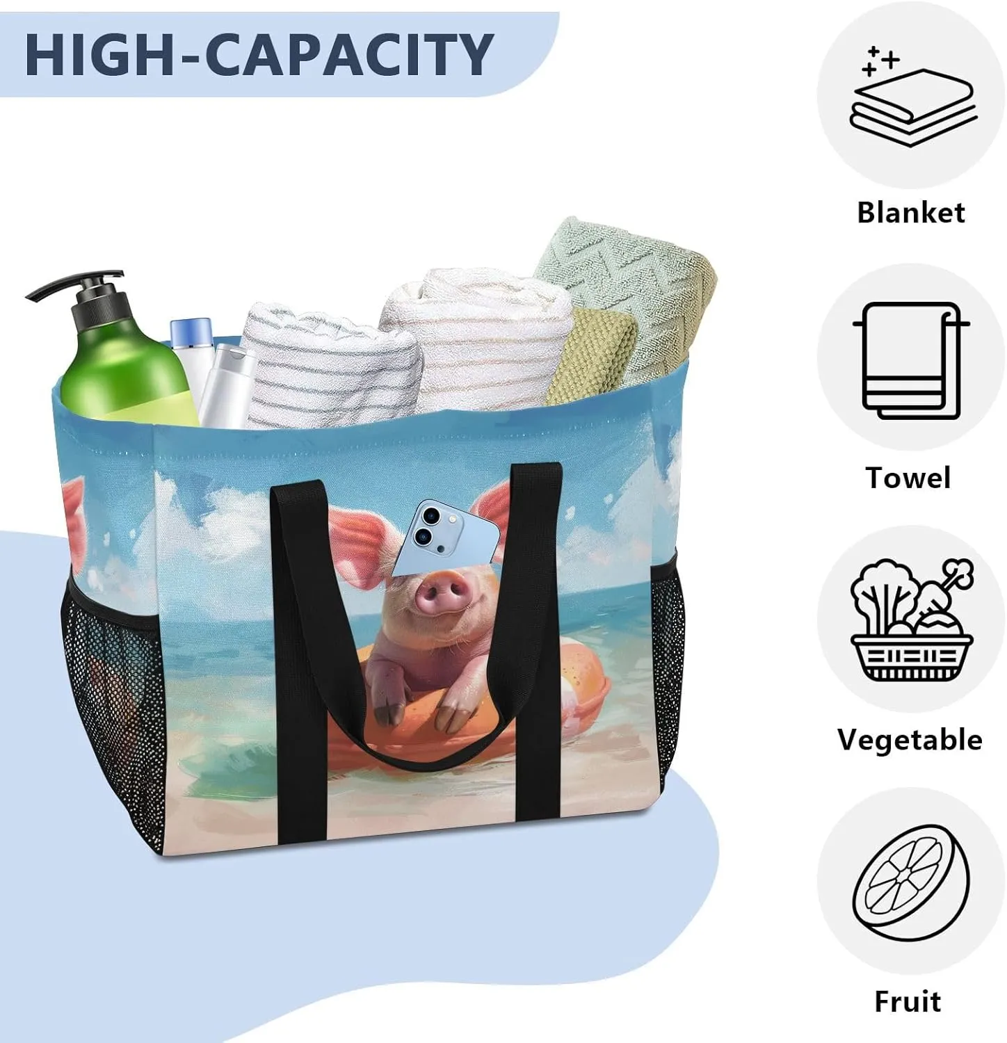 ALAZA Cute Pig Dancing Waterproof Beach Tote Bags