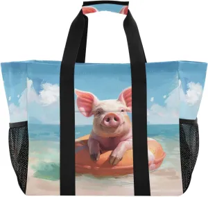 ALAZA Cute Pig Dancing Waterproof Beach Tote Bags