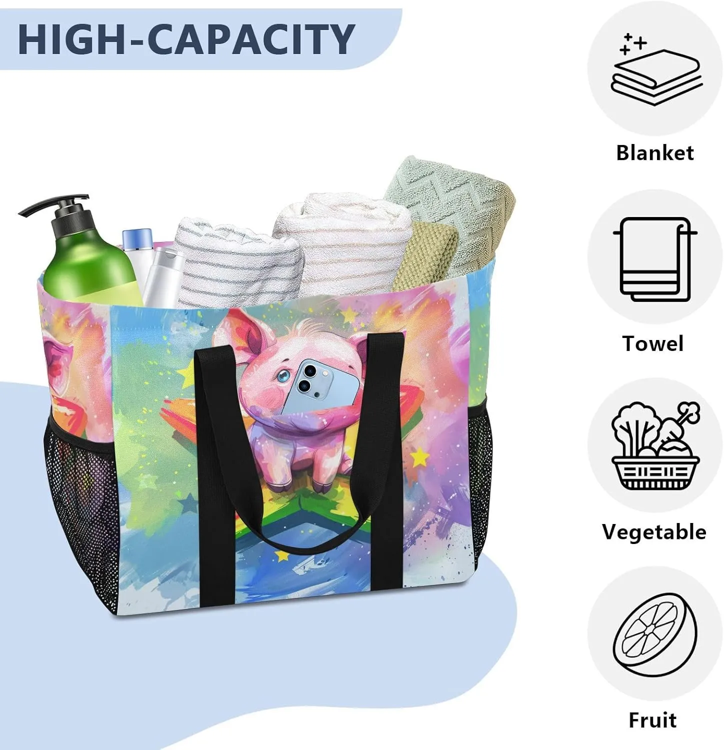 ALAZA Cute Pig Dancing Waterproof Beach Tote Bags