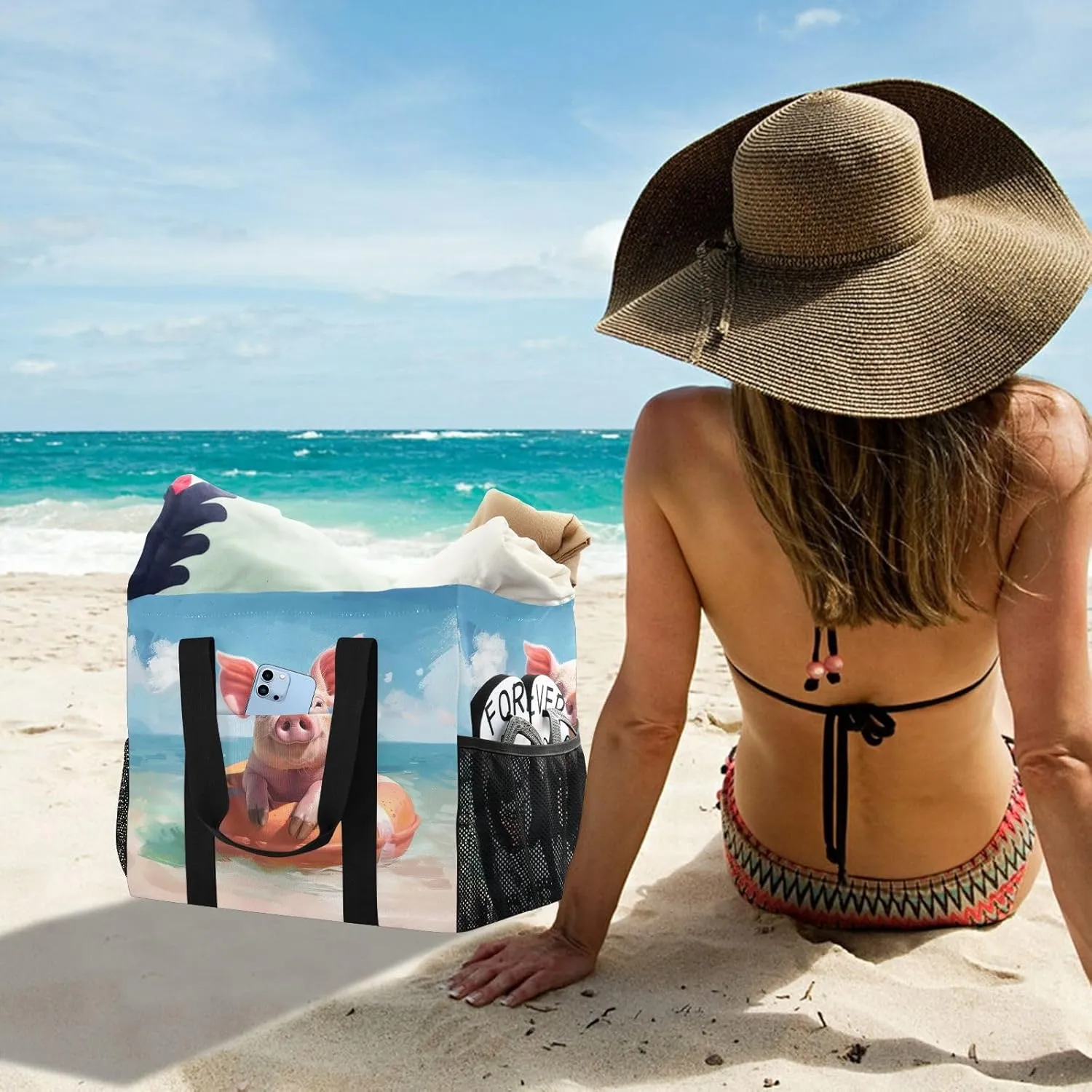 ALAZA Cute Pig Dancing Waterproof Beach Tote Bags