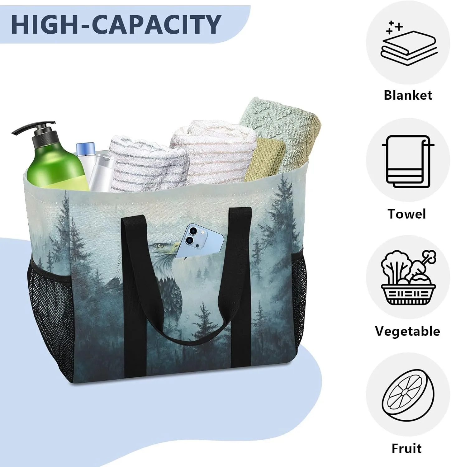 ALAZA Eagles Misty Forest Waterproof Beach Tote Bags