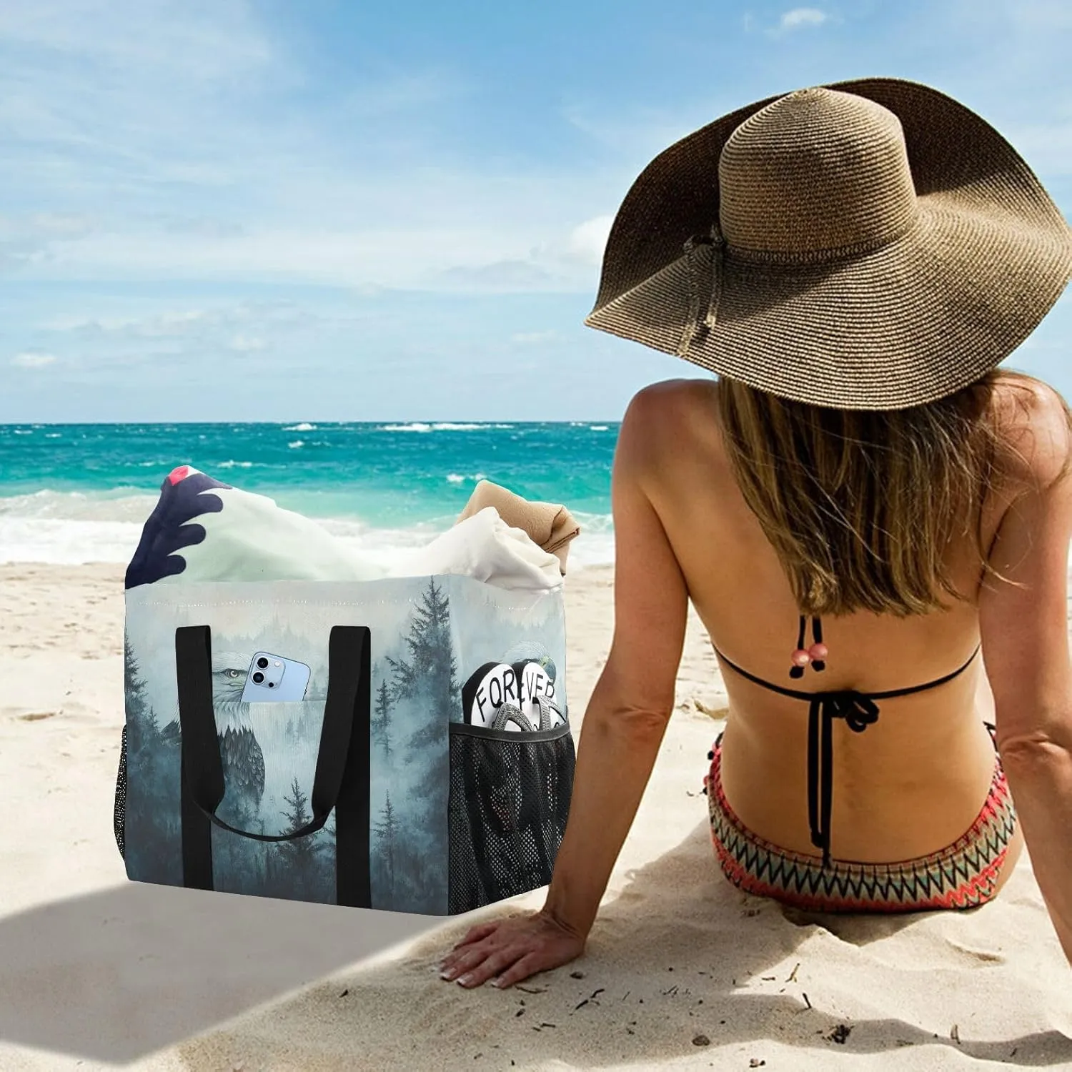 ALAZA Eagles Misty Forest Waterproof Beach Tote Bags