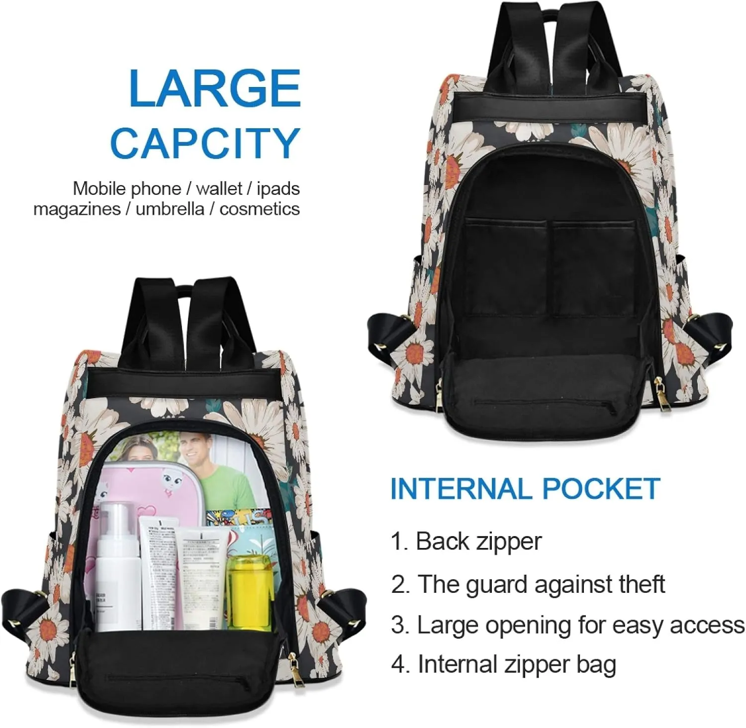 ALAZA Floral Daisy Backpack Purse for Women Anti Theft Fashion Back Pack Shoulder Bag