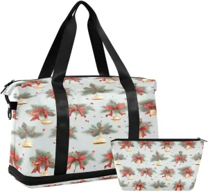 ALAZA Gold Bell Pine Tree Merry Christmas Travel Duffel Bag with Shoe Compartment Tote Bag Weekender Overnight Bag with Wet Pocket for Travel,Gym,Yoga,Swimming