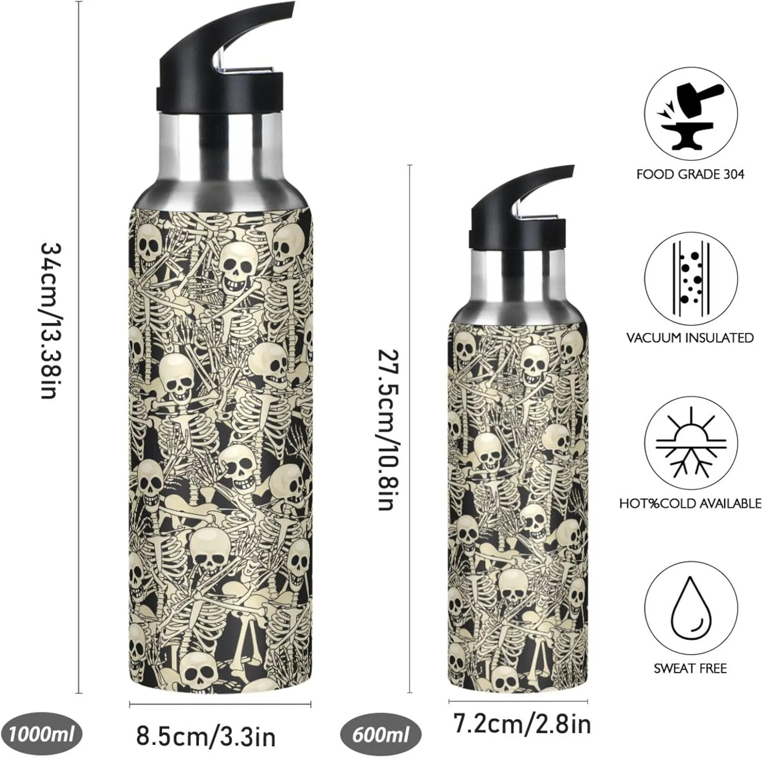 ALAZA Gothic Skull Skeleton Water Bottle With Straw Lids Boys Girls,Vacuum Insulated Leakproof Stainless-Steel Sports Bottle Thermal Flask For Gym Yoga Camping,20Oz (600Ml)